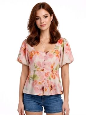 Torrid Floral Peplum Square Neck Puff Sleeve Top Size 0